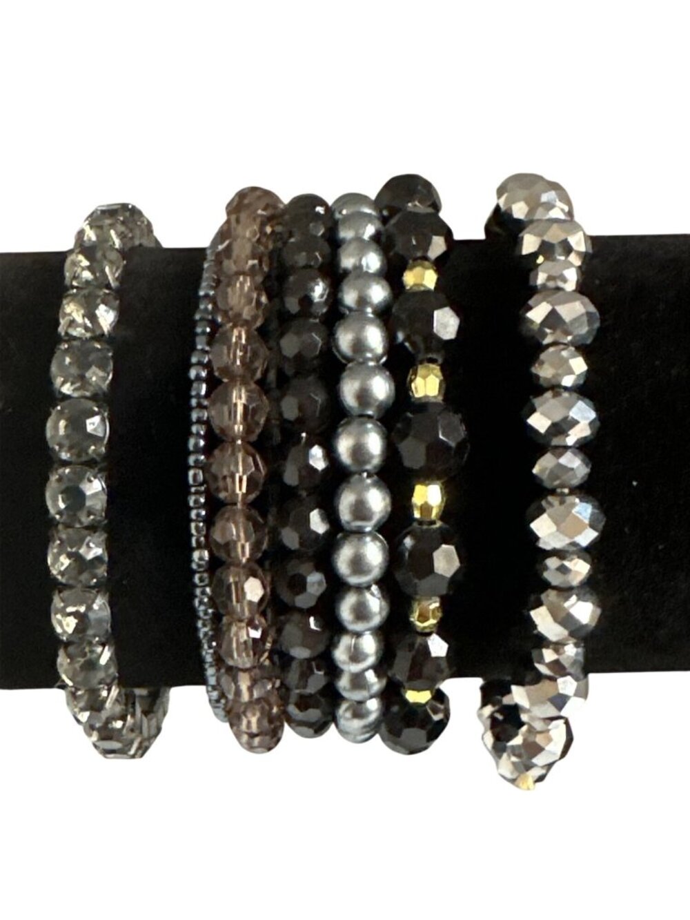 Eclectic Silver Black Beaded Stretch Bracelets Lot Of 3 Stackable Boho Inspired